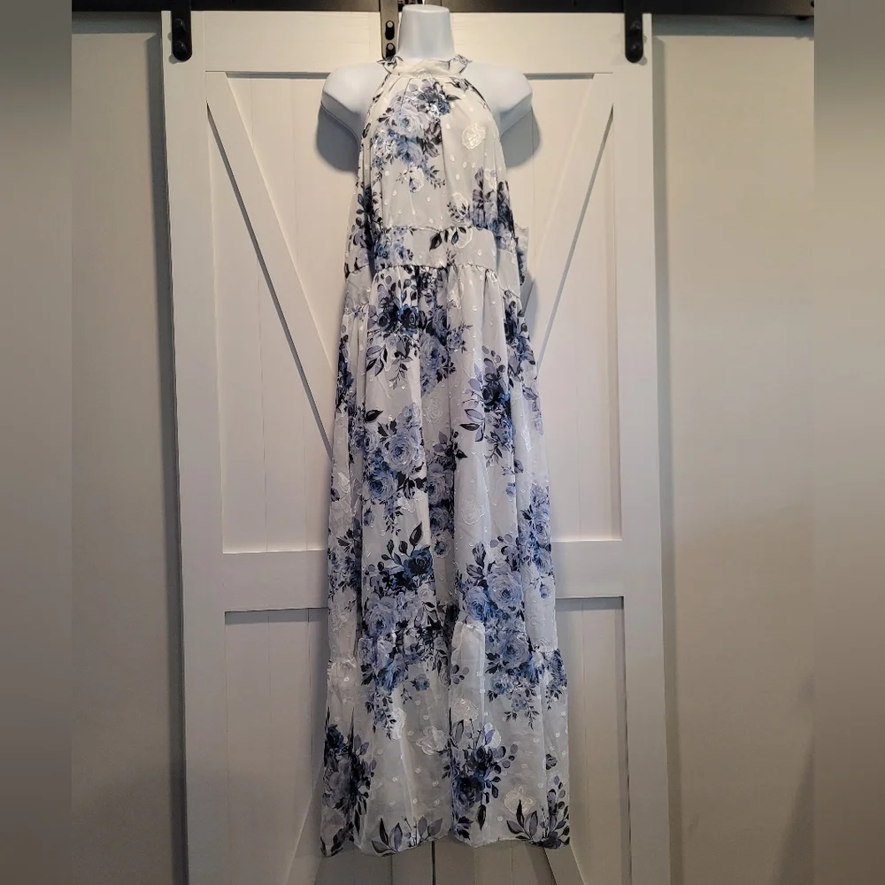 NWT Blue Floral Print Sleeveless Halterneck Dress | Size 2XL - Picture 3 of 7